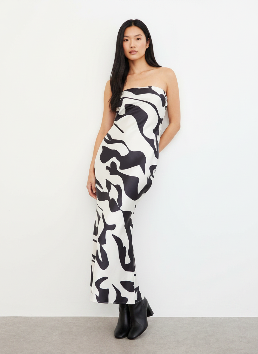 ABSTRACT SATIN BANDEAU MAXI DRESS