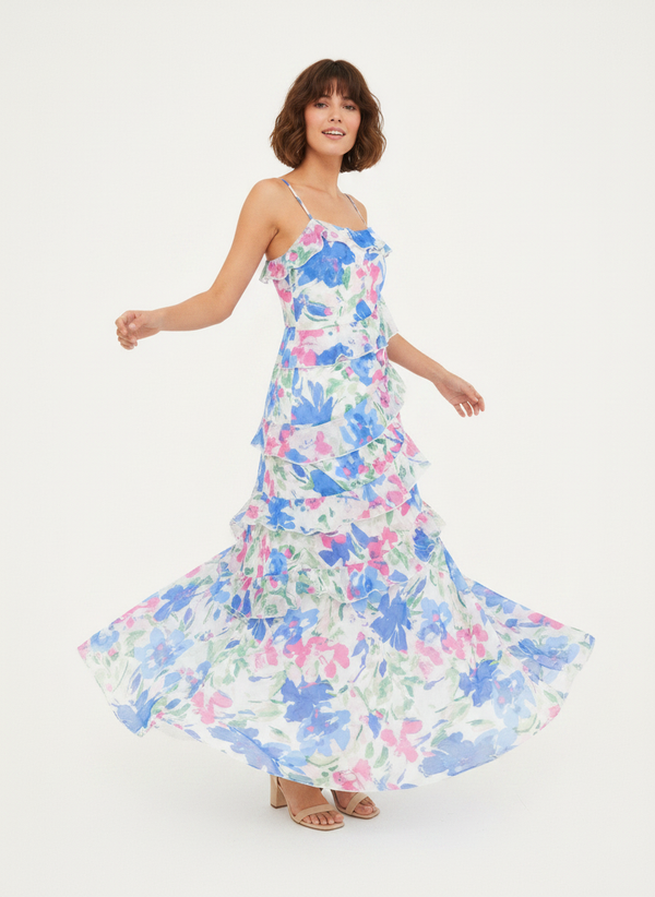 CHIFFON PRINTED RUFFLE MAXI DRESS