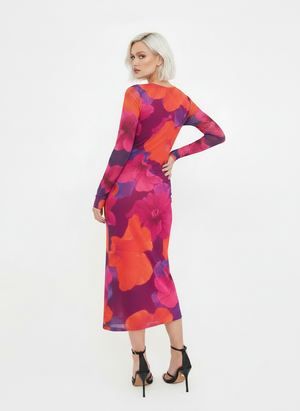 ABSTRACT MESH LONG SLEEVE MIDAXI DRESS