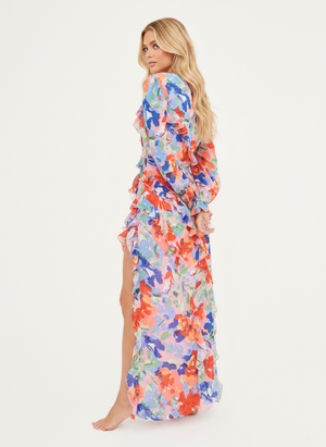 CHIFFON PRINTED RUFFLE  MAXI DRESS