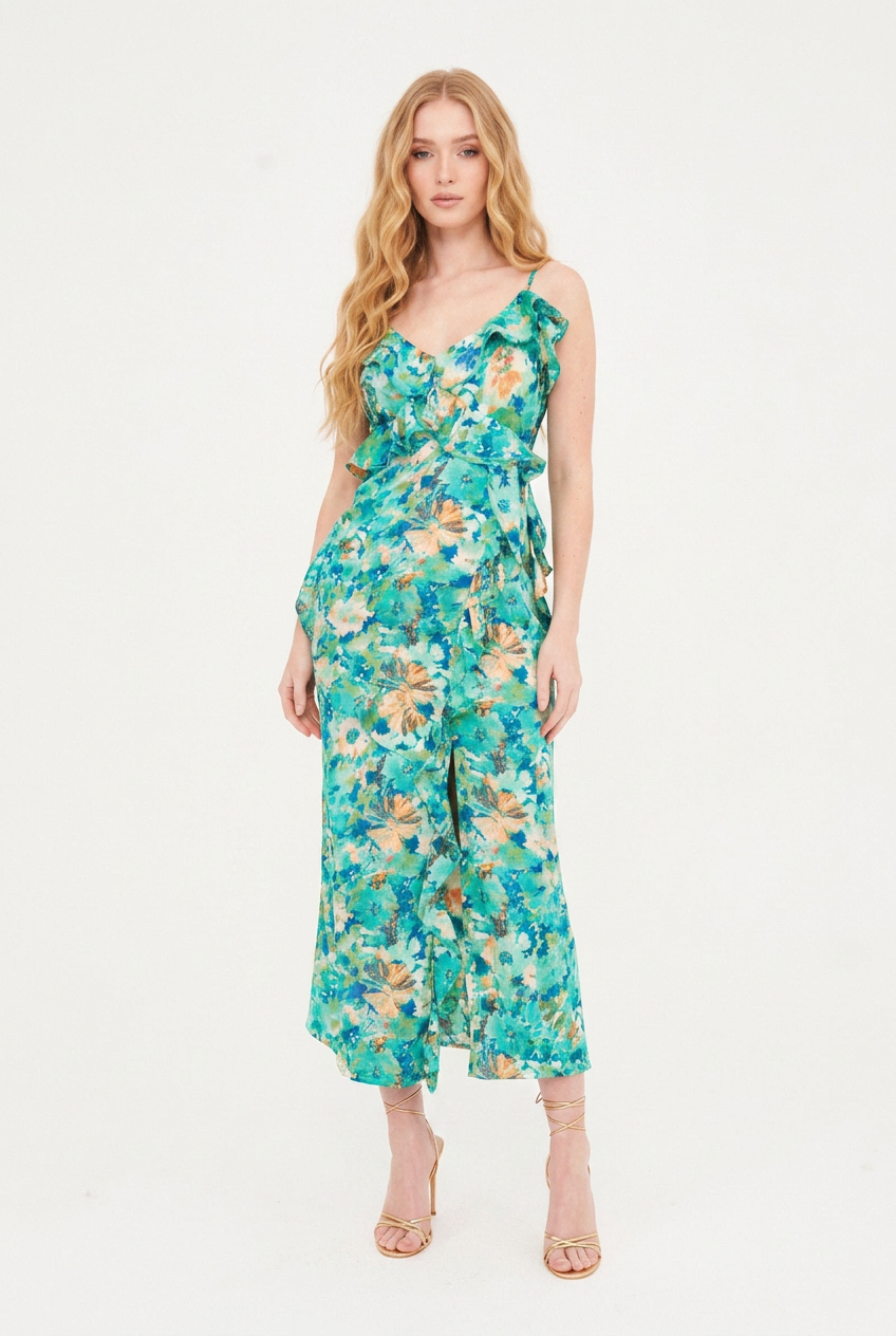 PRINTED RUFFLE CUT OUT MAXI DRESS