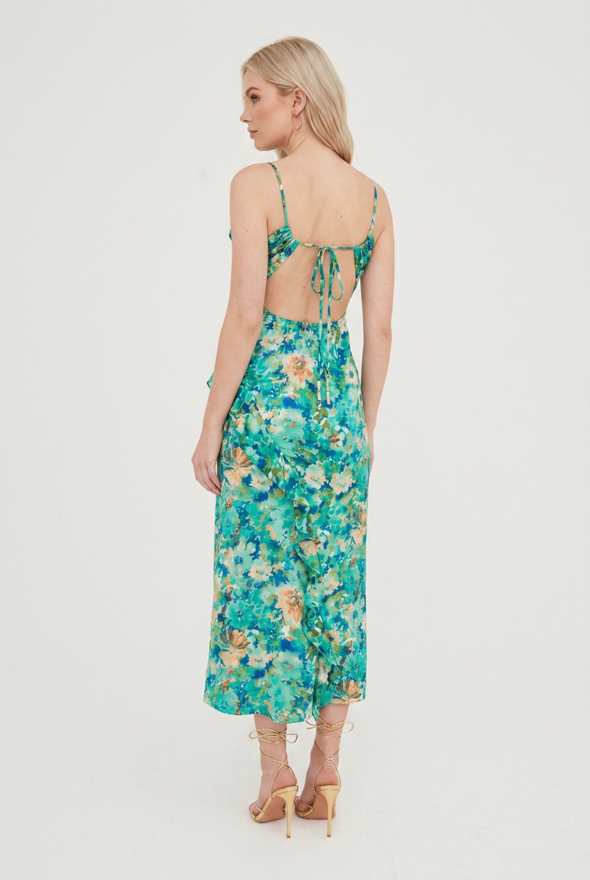 PRINTED RUFFLE CUT OUT MAXI DRESS