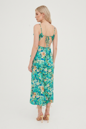 PRINTED RUFFLE CUT OUT MAXI DRESS