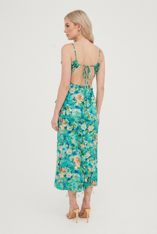 PRINTED RUFFLE CUT OUT MAXI DRESS