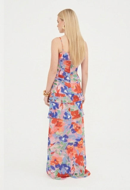 CHIFFON PRINTED RUFFLE MAXI DRESS