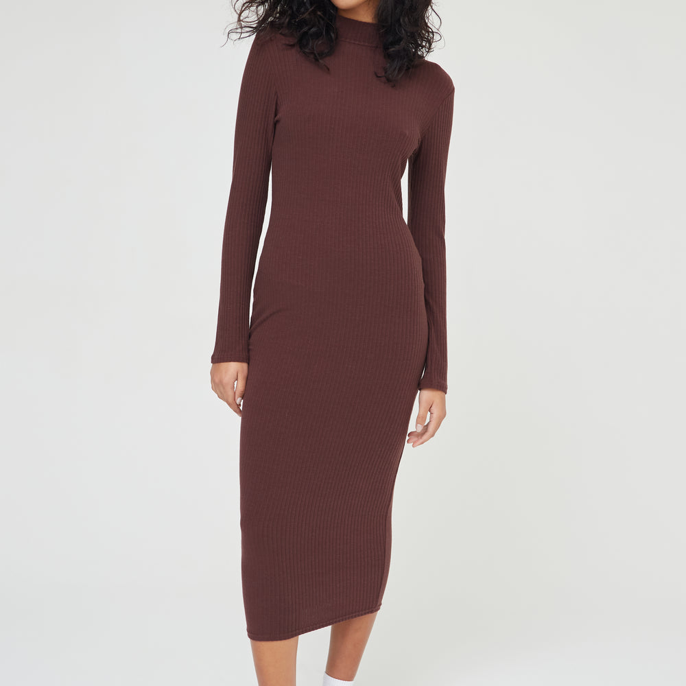 Soft Rib Roll Neck Basics Midi Dress in Brown