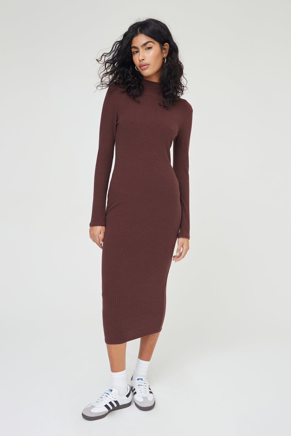 Soft Rib Roll Neck Basics Midi Dress in Brown