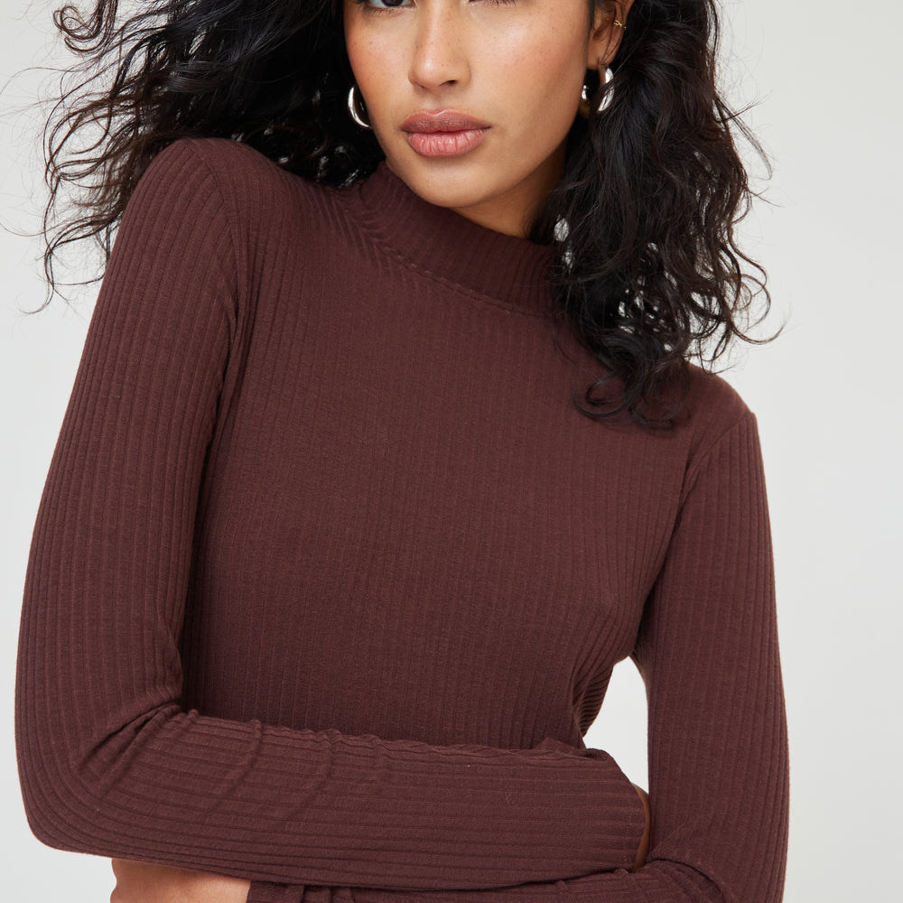 Soft Rib Roll Neck Basics Midi Dress in Brown