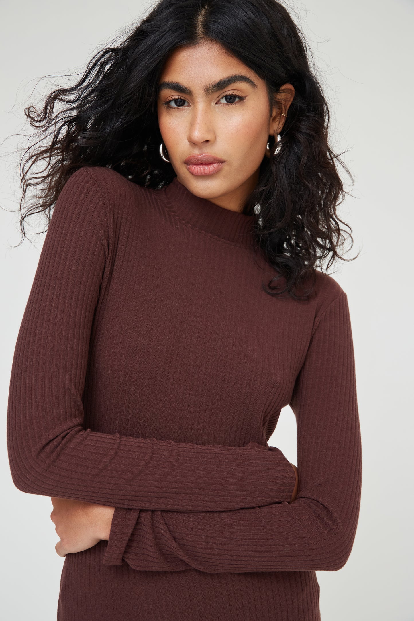 Soft Rib Roll Neck Basics Midi Dress in Brown