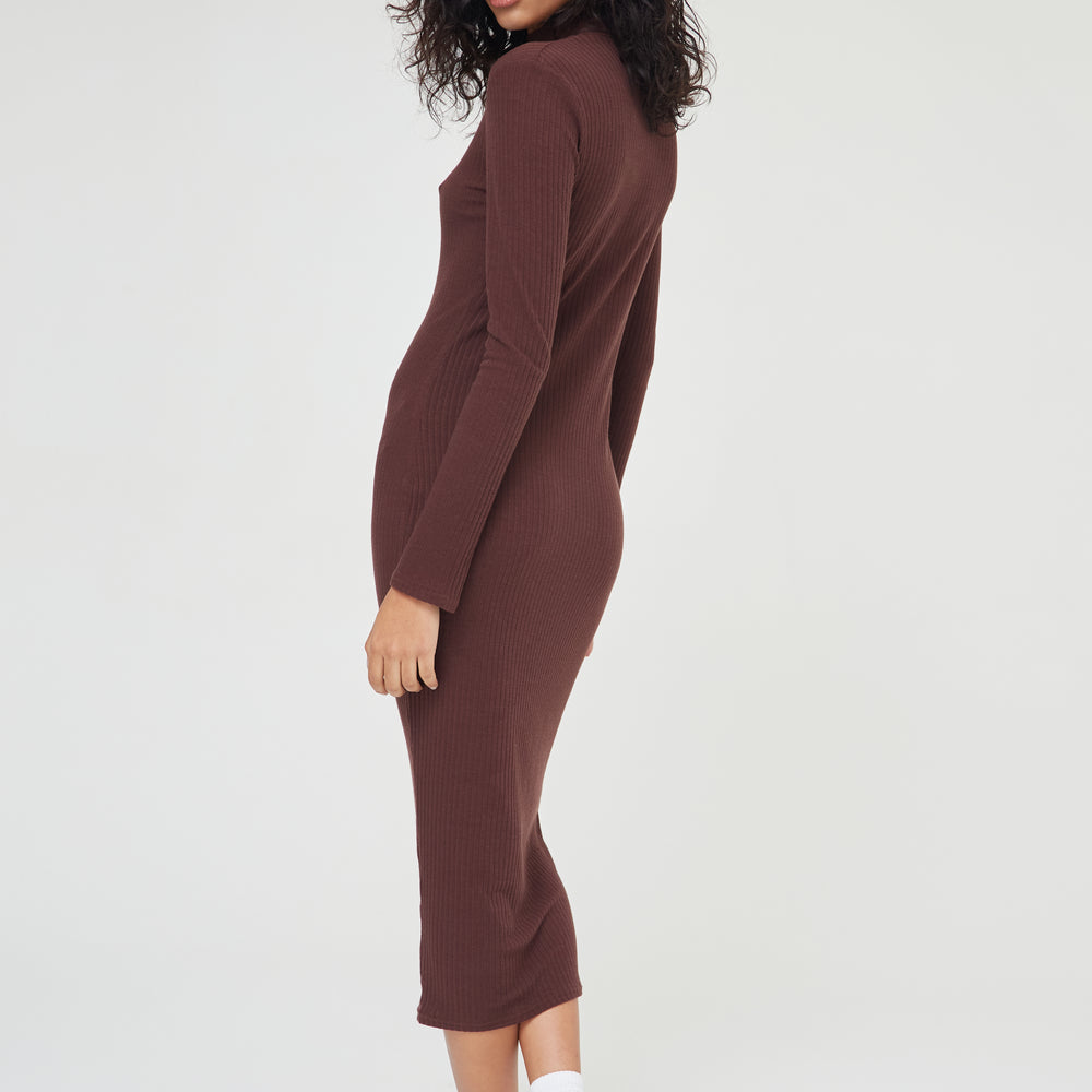 
                      
                        Soft Rib Roll Neck Basics Midi Dress in Brown
                      
                    