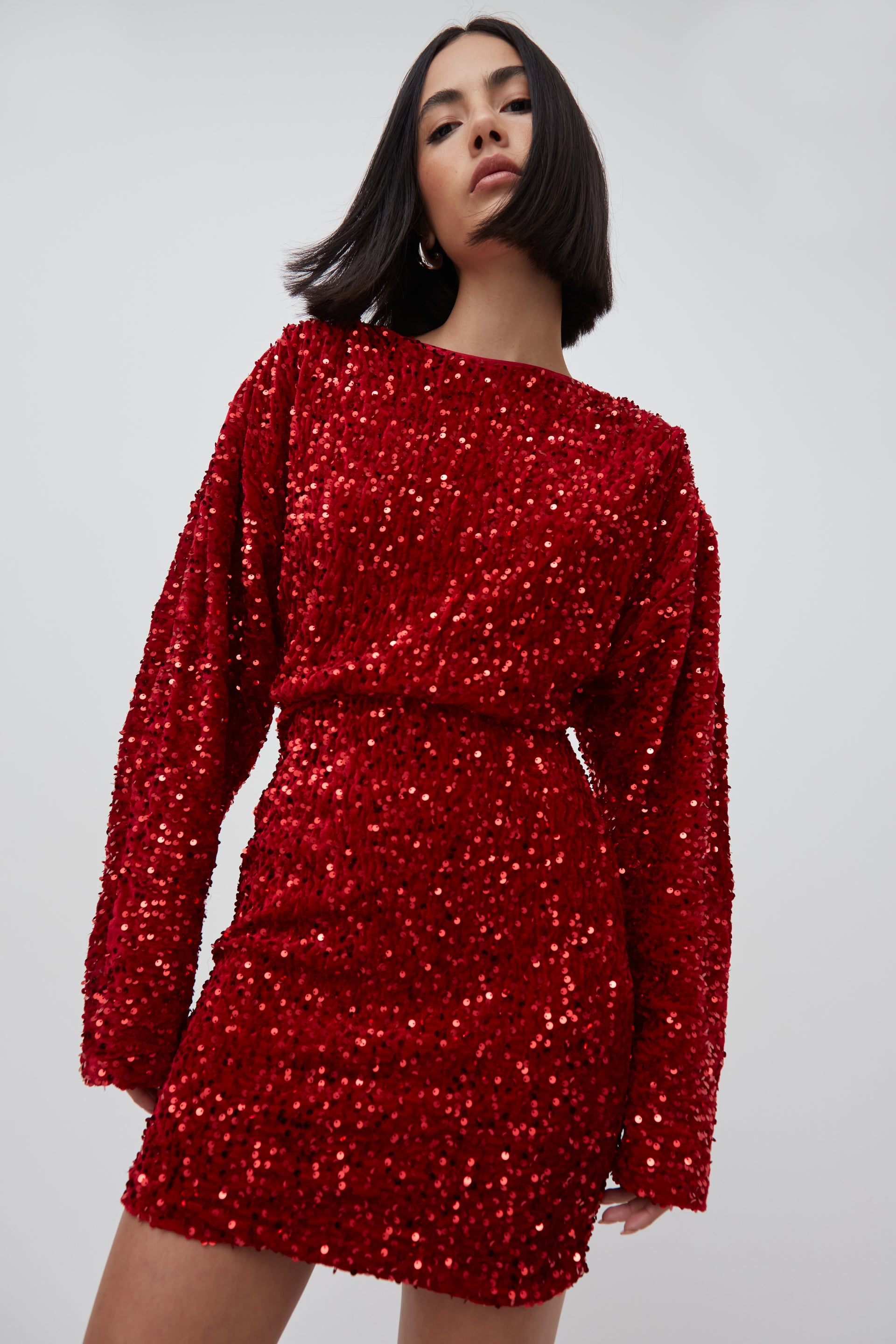 knee length dresses for ladies Long Sleeve Sequin Dress |Sparkly Red & Pink Mini Dress