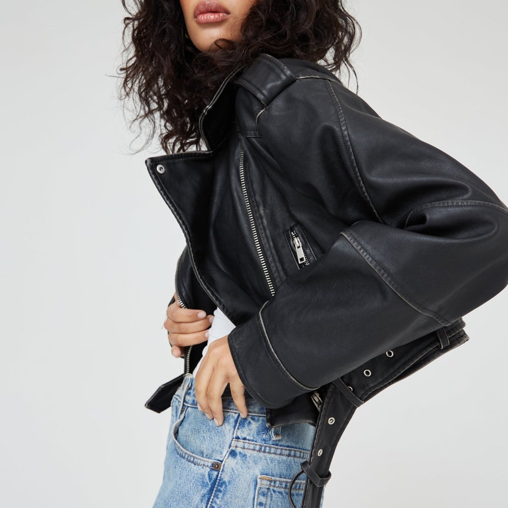 LEATHER EFFECT CROPPED BIKER JACKET