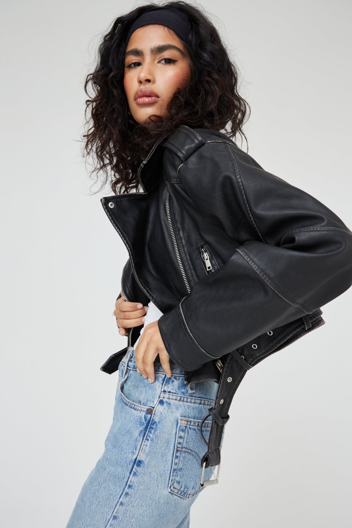 LEATHER EFFECT CROPPED BIKER JACKET