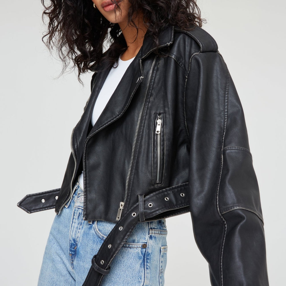 
                      
                        LEATHER EFFECT CROPPED BIKER JACKET
                      
                    