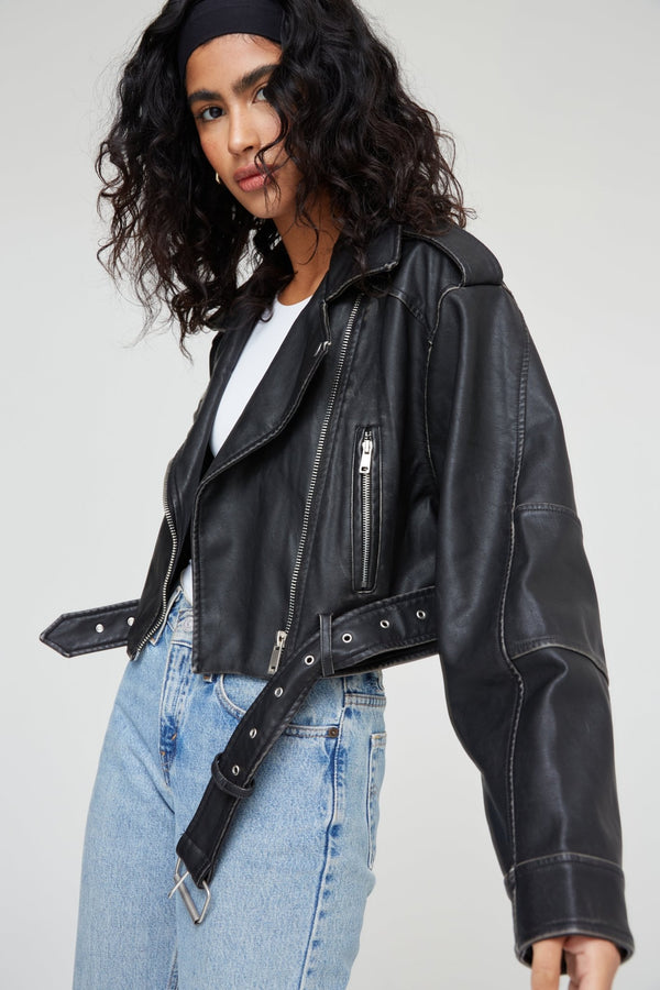 LEATHER EFFECT CROPPED BIKER JACKET