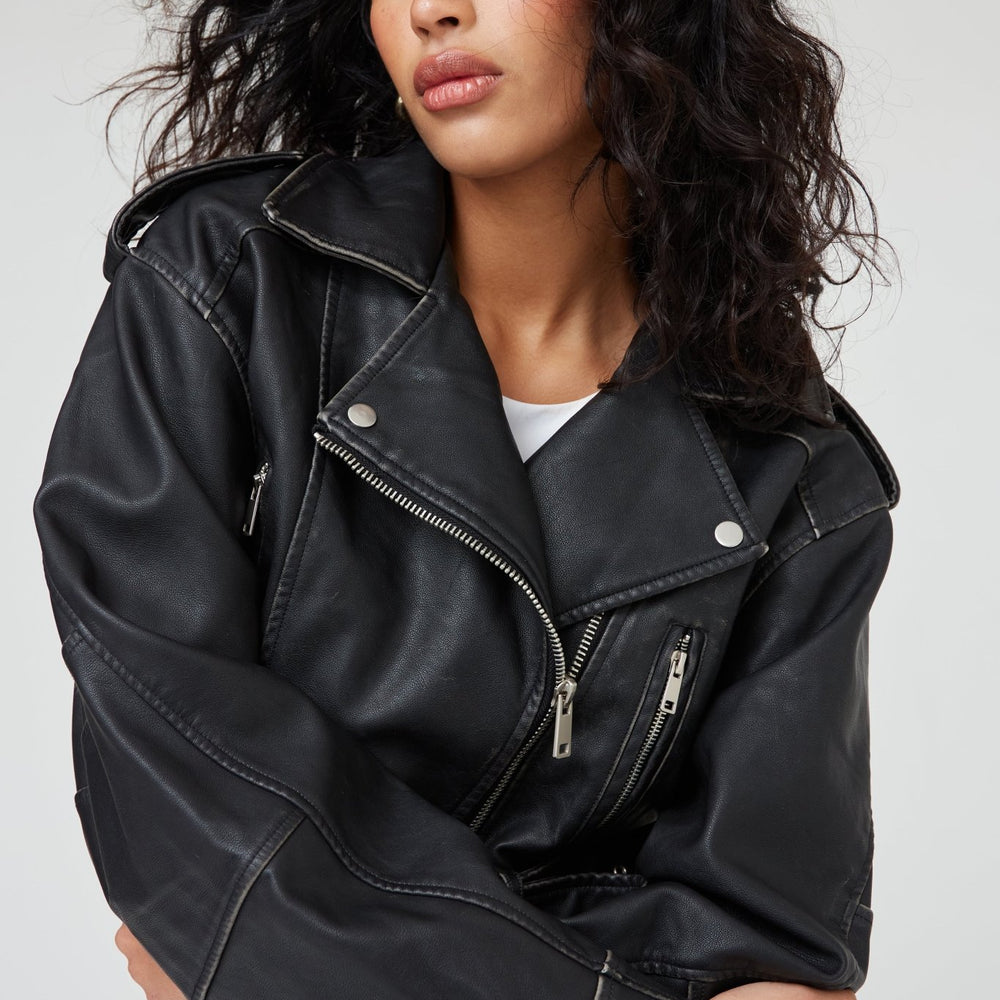 LEATHER EFFECT CROPPED BIKER JACKET