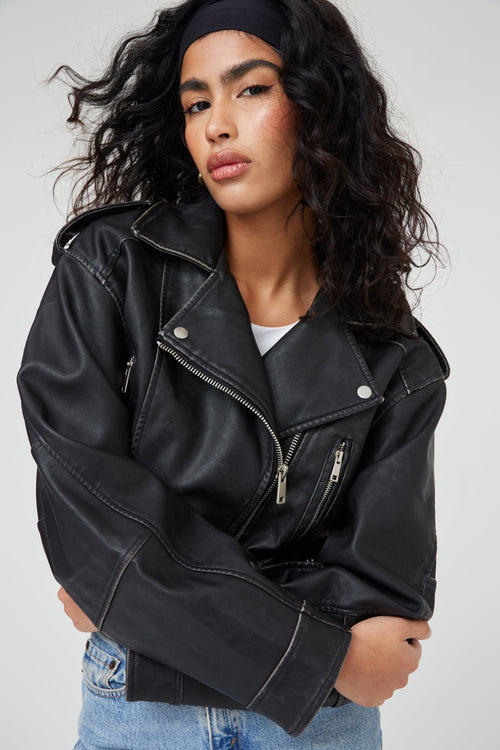 LEATHER EFFECT CROPPED BIKER JACKET