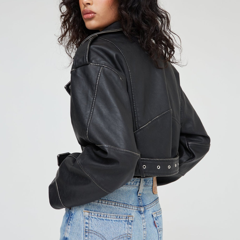 
                      
                        LEATHER EFFECT CROPPED BIKER JACKET
                      
                    