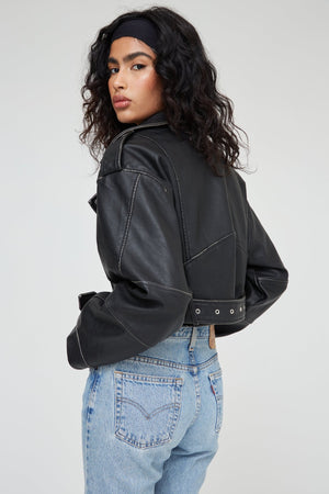 LEATHER EFFECT CROPPED BIKER JACKET