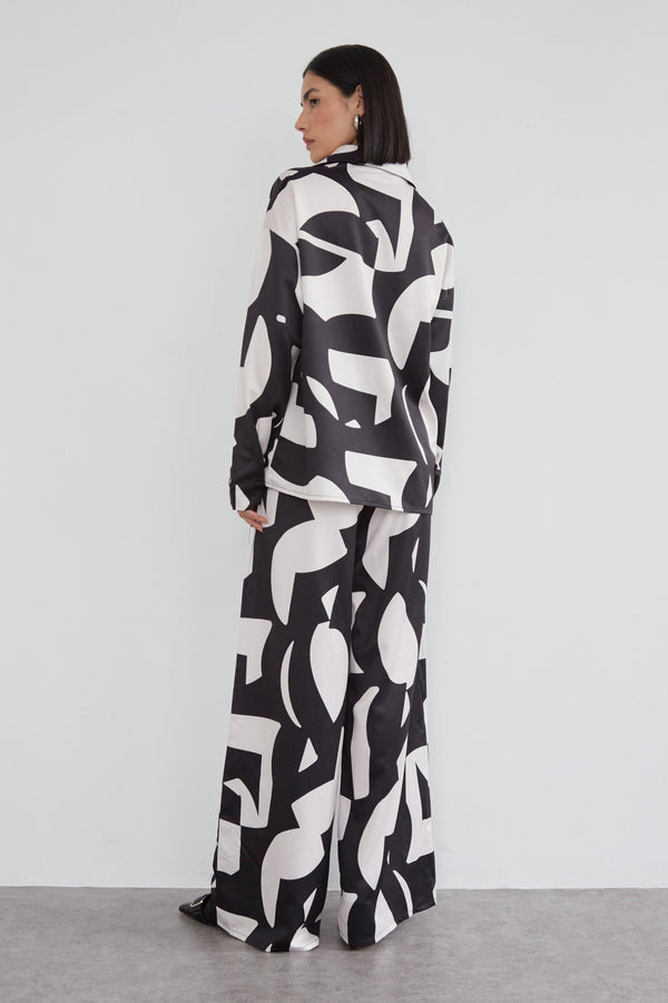 Abstract Printed Satin Wide Leg Trousers