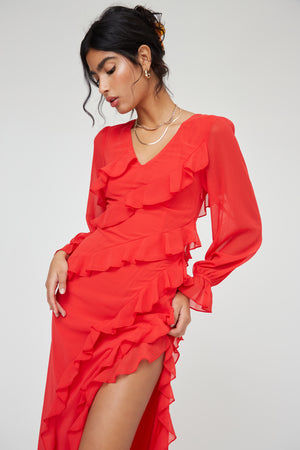 RUFFLE FLARE SLEEVE MAXI DRESS