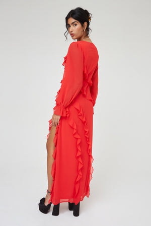 RUFFLE FLARE SLEEVE MAXI DRESS