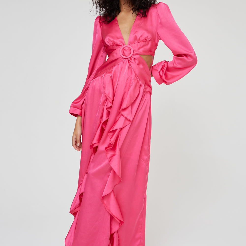 SATIN RUFFLE MAXI DRESS