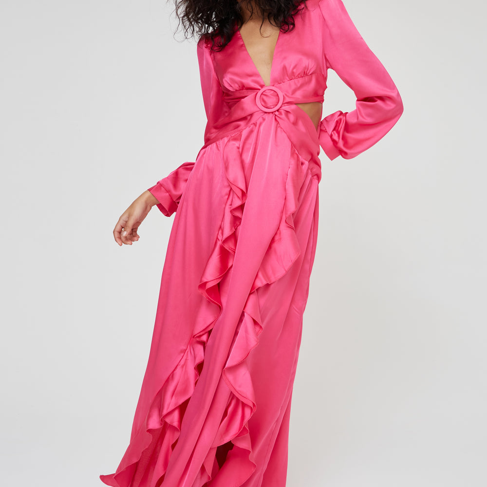 
                      
                        SATIN RUFFLE MAXI DRESS
                      
                    