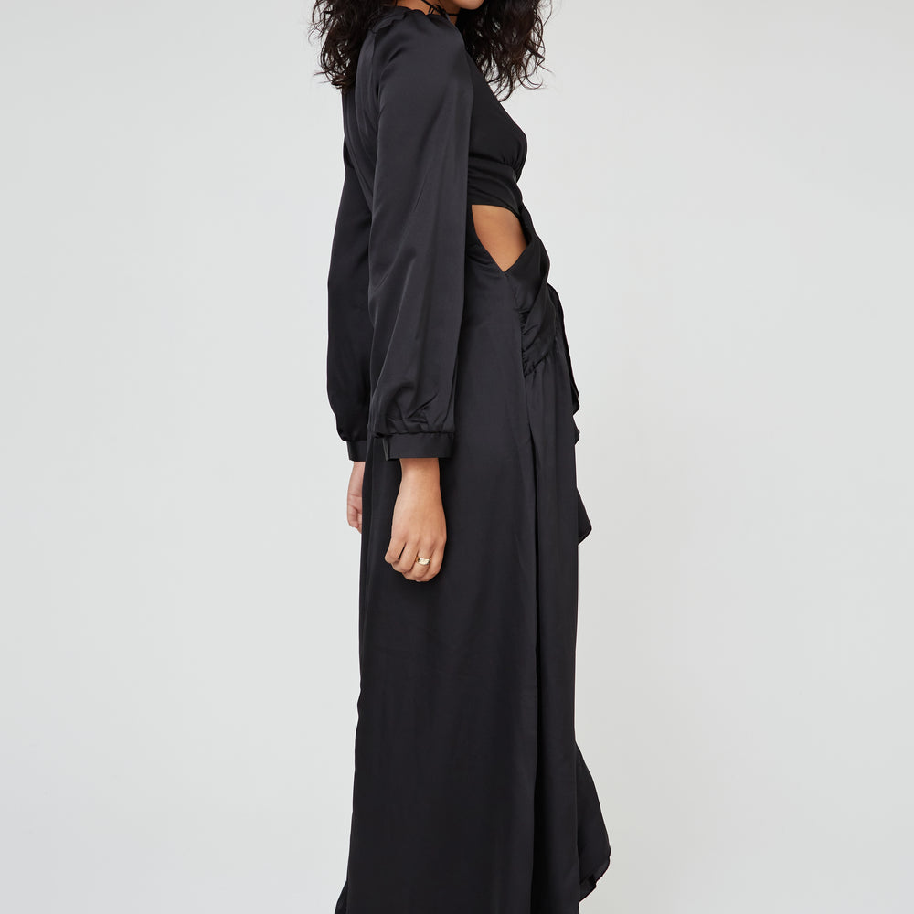 SATIN RUFFLE MAXI DRESS