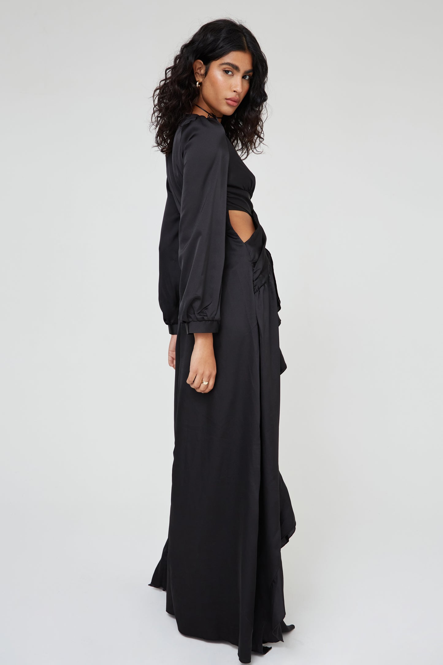 SATIN RUFFLE MAXI DRESS