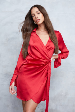 SATIN DRAPE WRAP SHIRT DRESS