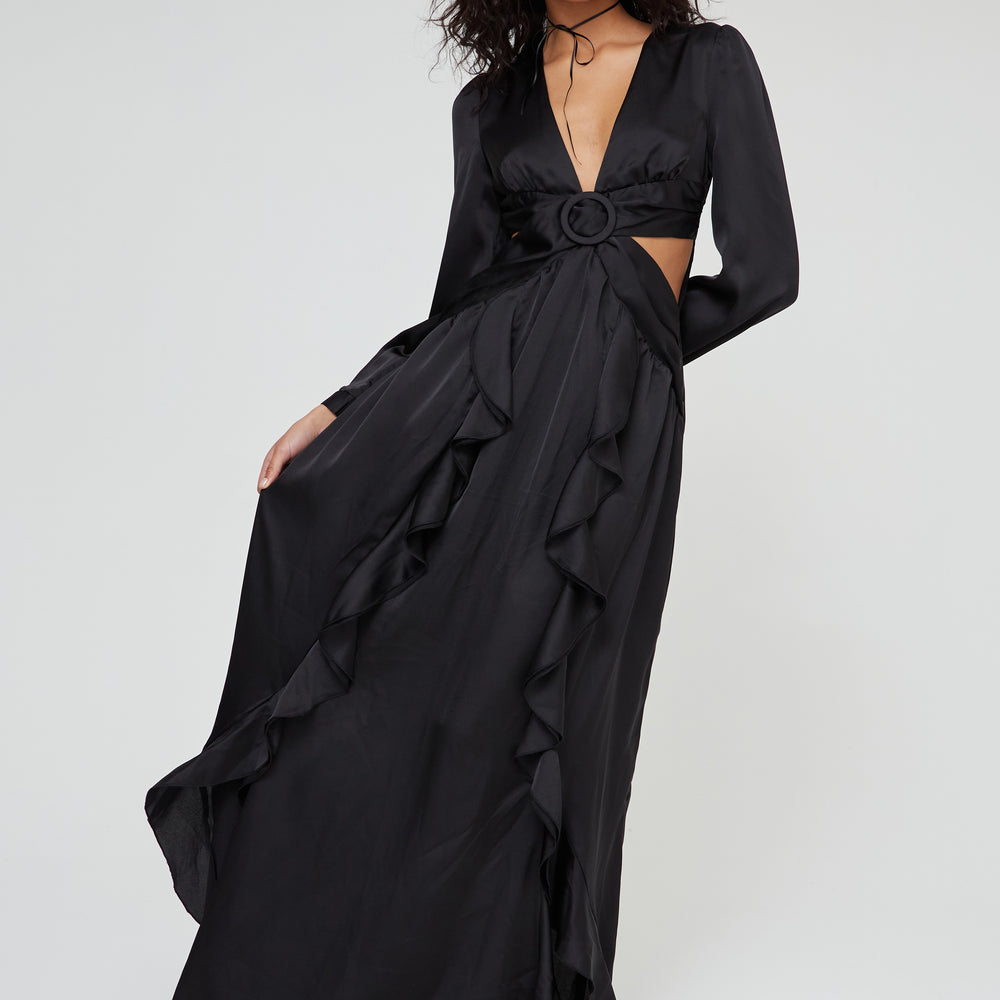 
                      
                        SATIN RUFFLE MAXI DRESS
                      
                    