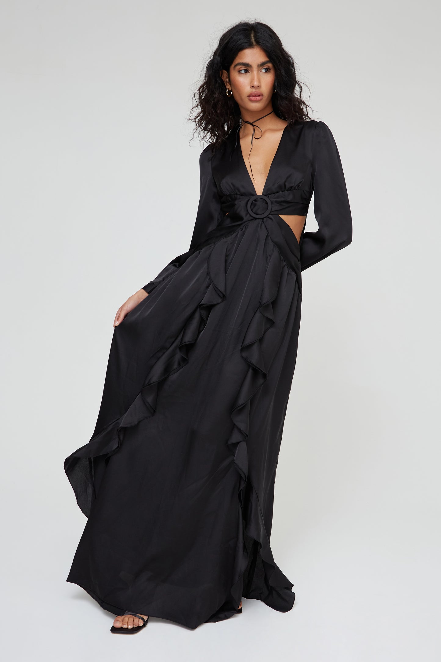 Black satin ruffle dress best sale