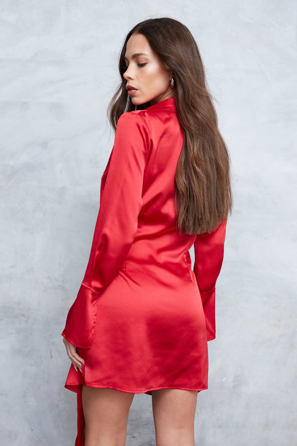 SATIN DRAPE WRAP SHIRT DRESS