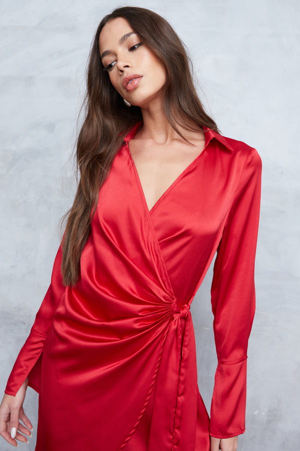 SATIN DRAPE WRAP SHIRT DRESS