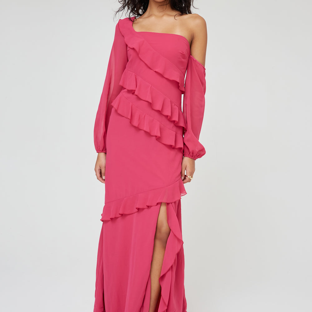 Ruffle Maxi Dress One Shoulder Long Sleeve Red Dress