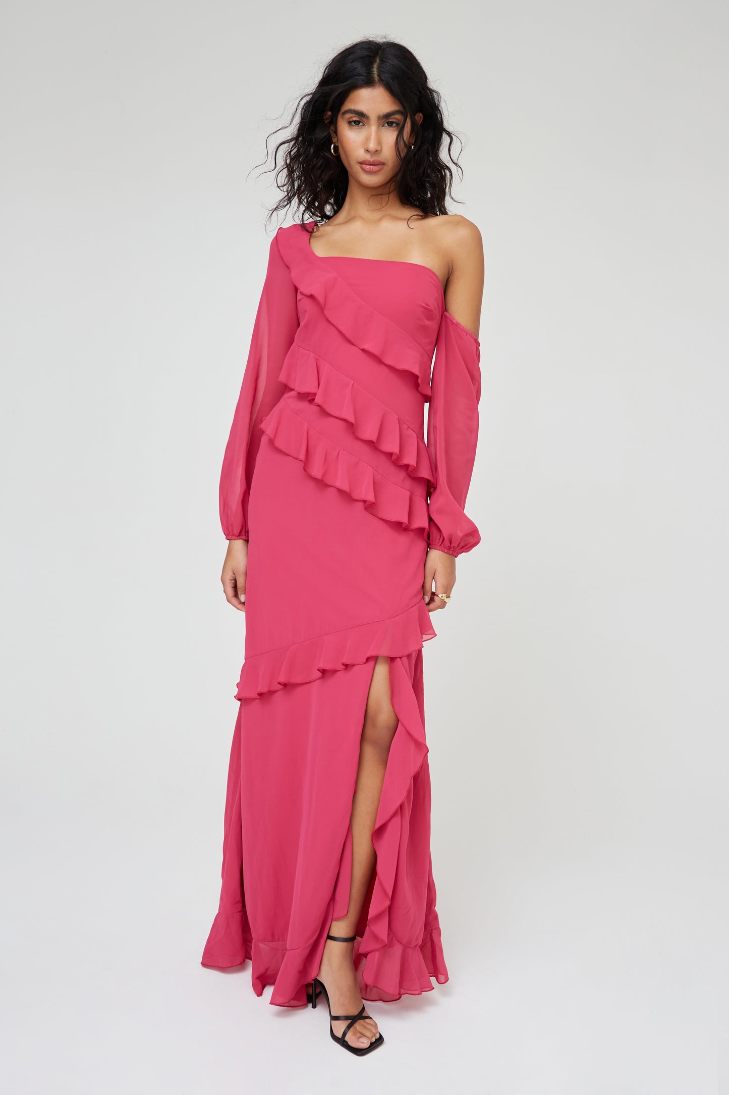 Ruffle Maxi Dress One Shoulder Long Sleeve Red Dress