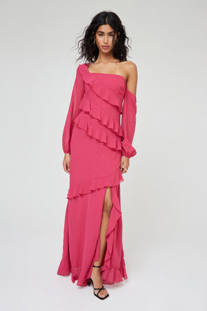 RUFFLE LONG SLEEVE MAXI DRESS