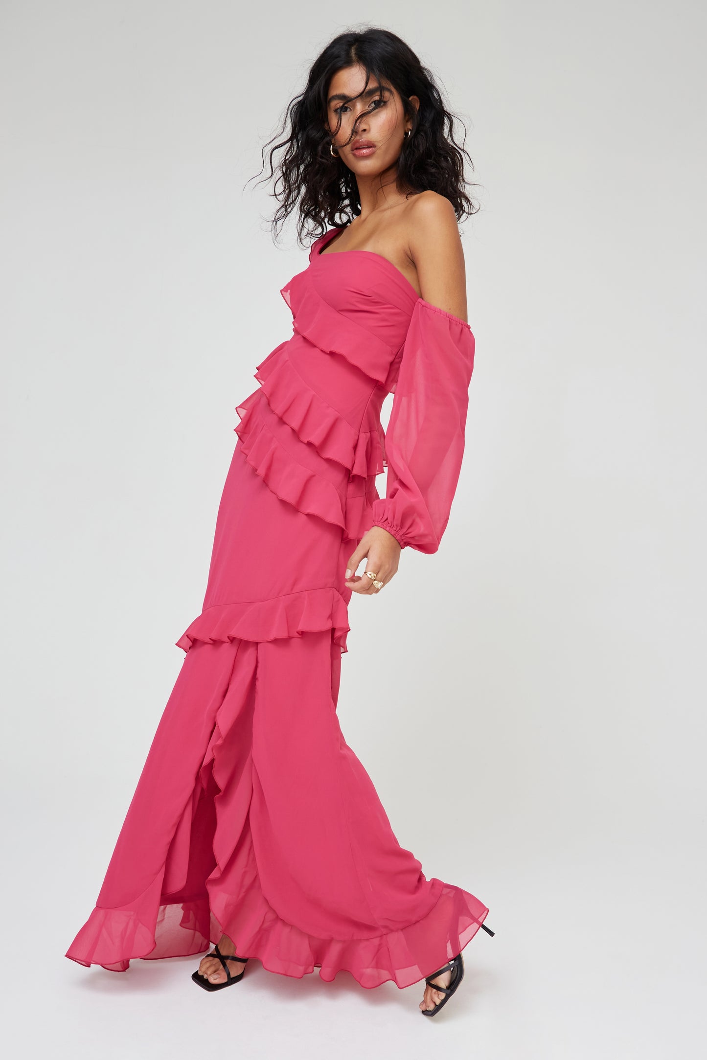 Ruffle Maxi Dress One Shoulder Long Sleeve Red Dress