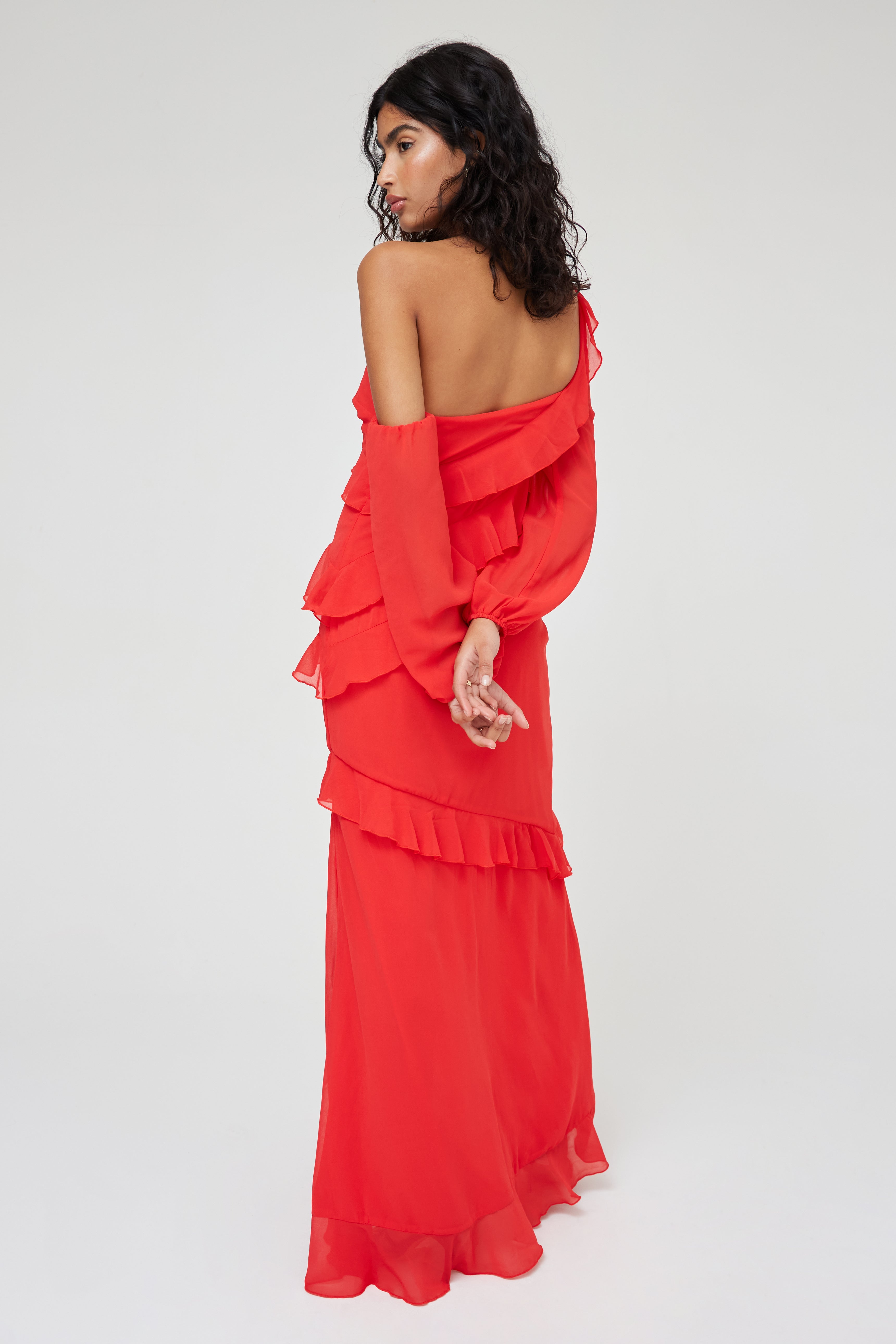 Ruffle Maxi Dress | One Shoulder Long Sleeve Red Dress – WKNDGIRL