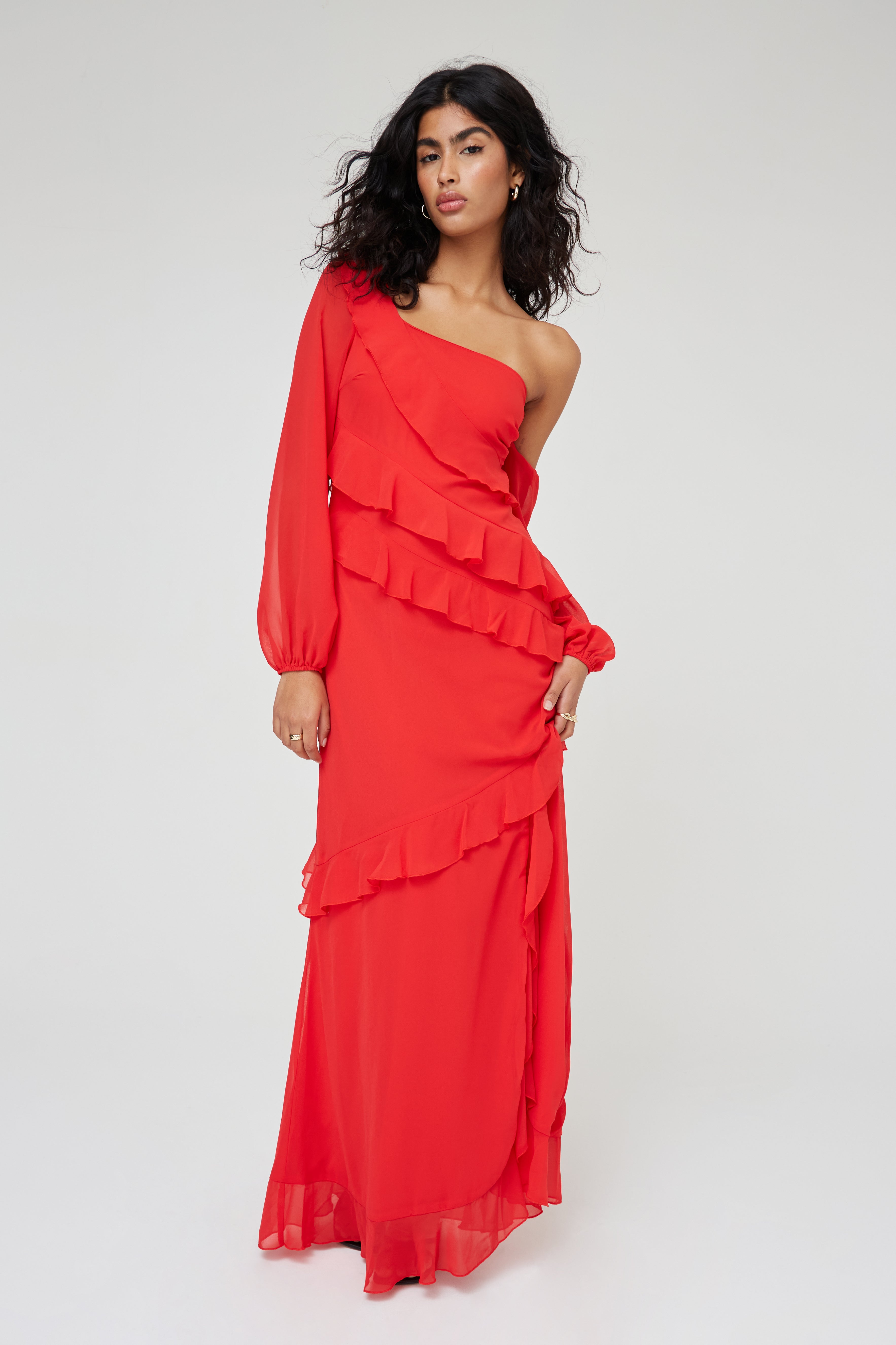 Ruffle Maxi Dress | One Shoulder Long Sleeve Red Dress – WKNDGIRL