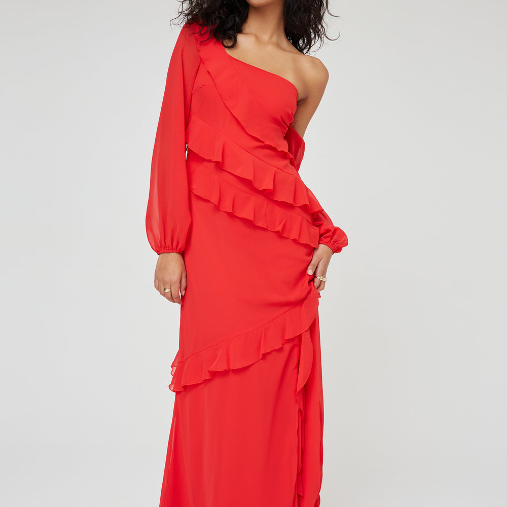 RUFFLE LONG SLEEVE MAXI DRESS