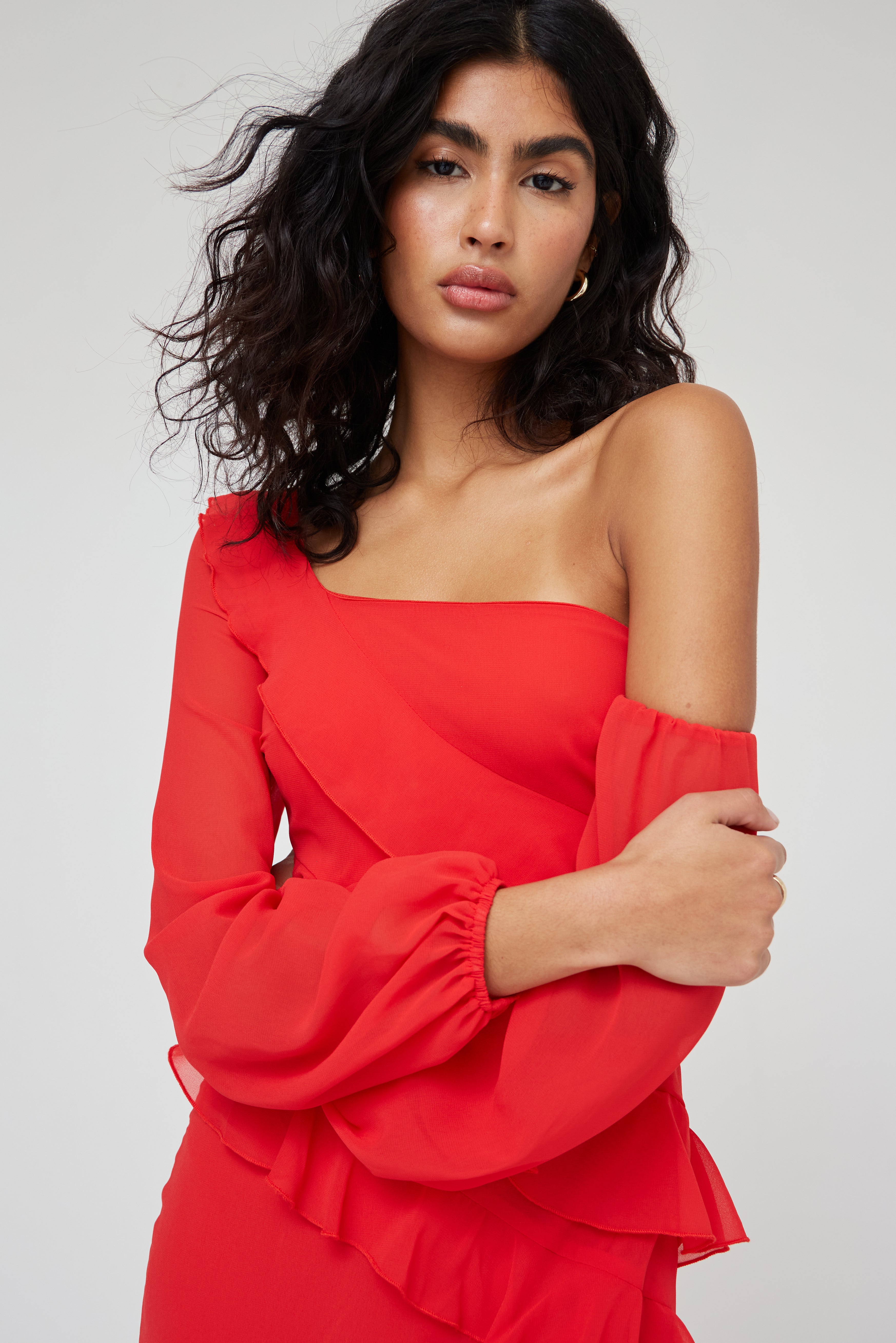 Red shops ruffle sleeve dress