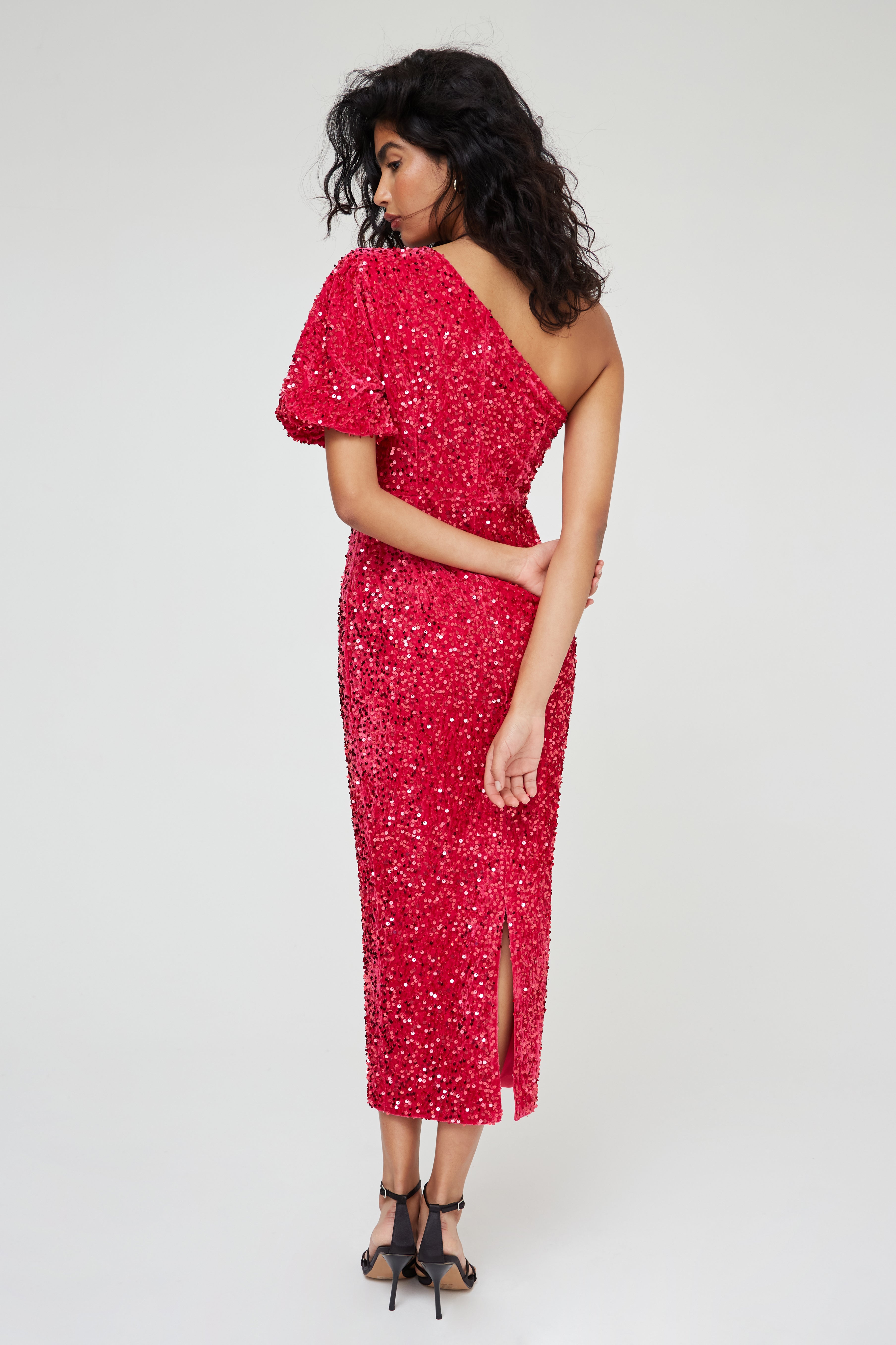 Fuchsia Pink One Shoulder Sequin Midi Dress | Slit Dress Fuchsia Pink One Shoulder Sequin Midi Dress | Slit Dress