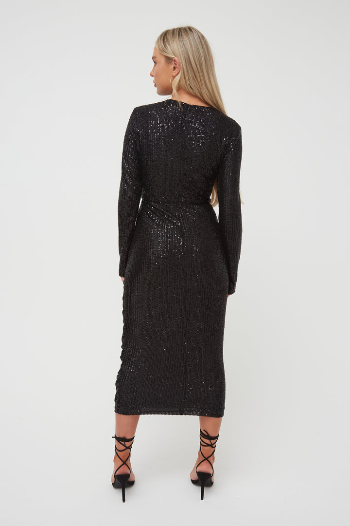 SEQUIN RUCHED MIDI DRESS
