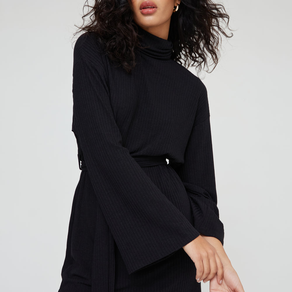 SOFT RIB ROLL NECK BELTED MINI DRESS