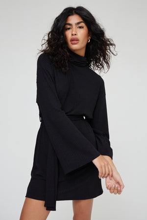 SOFT RIB ROLL NECK BELTED MINI DRESS