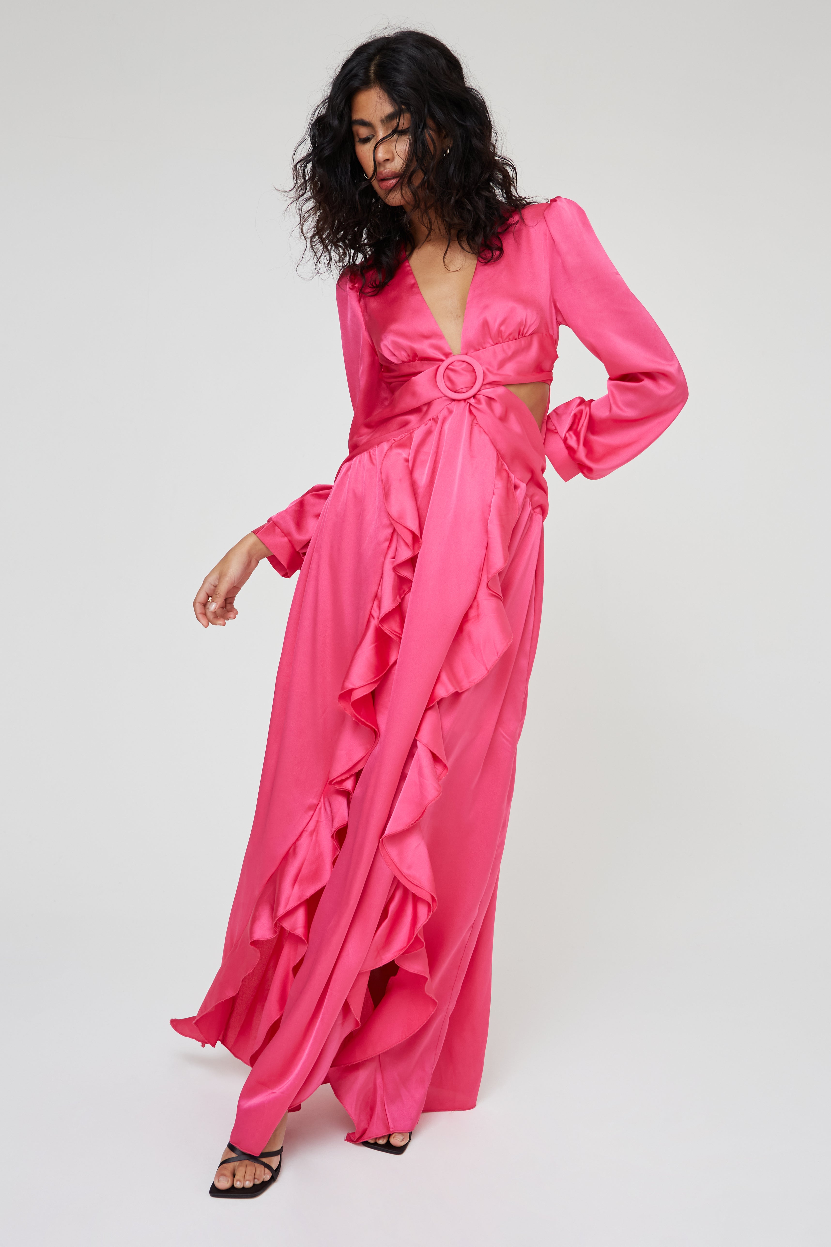 Satin ruffle maxi dress sales