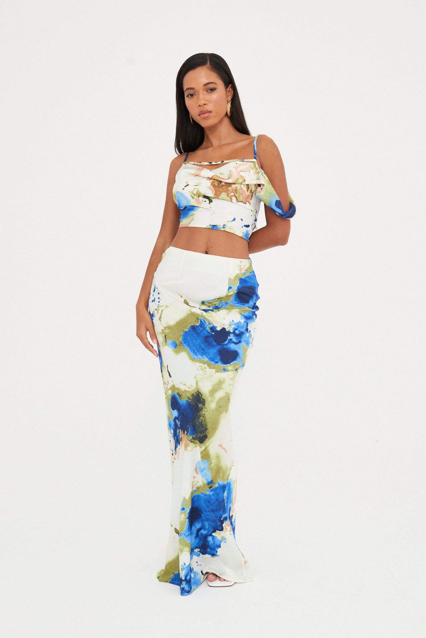 SATIN ABSTRACT MAXI SKIRT