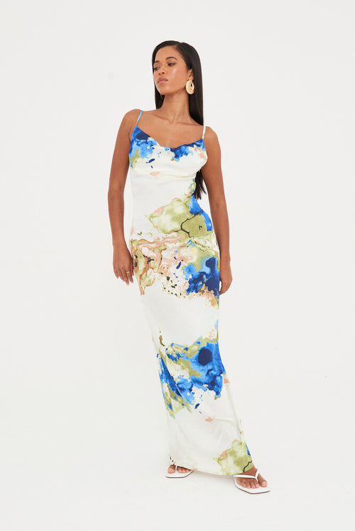 SATIN ABSTRACT MAXI DRESS